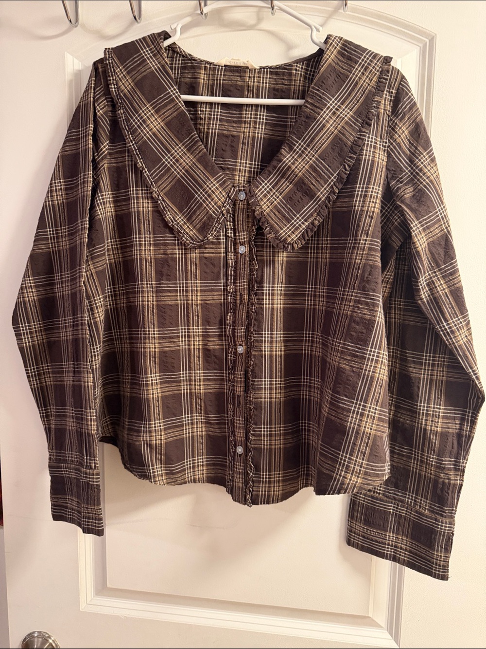Lucky Brand Brown Plaid Button-Down Top with Wide Collar